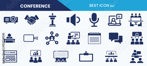 Best conference vector icon set. Podium, audience, chart, presentation, microphone, discussion, seminar etc. icon illustration.