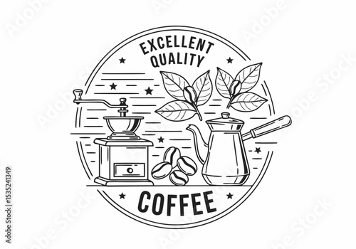Vintage Coffee-Themed Emblem Featuring Grinder Beans and Pot.