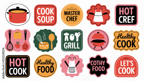 Collection of Cooking and Food Themed Stickers and Badges.
