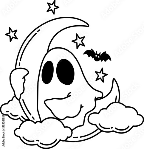 Hand drawn Halloween Groovy Ghost Cartoon in the Moon Outline