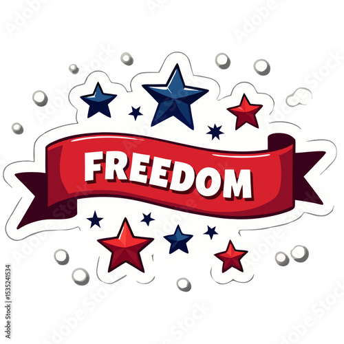 Festive Red Ribbon Banner with Stars and Freedom Text.