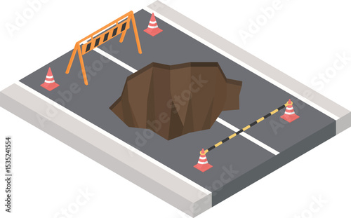 道路が陥没して通行止めになっているイラスト
