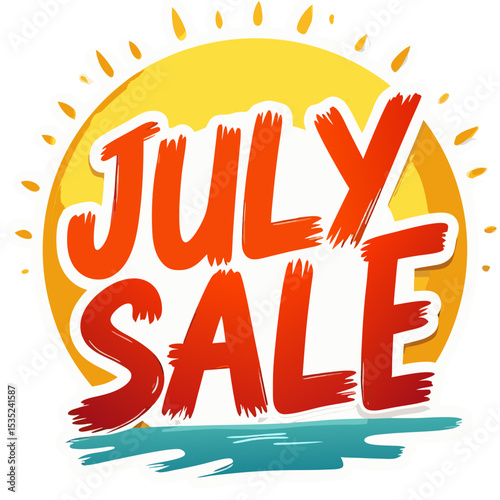 Colorful July Sale Advertisement with Sun and Text Elements.