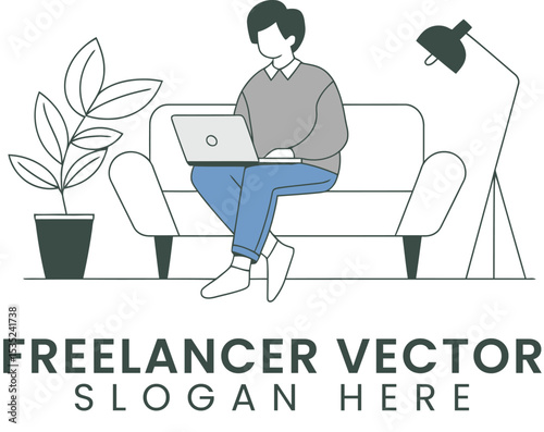 Modern Freelancer Working Remotely on Laptop man art home sofa flat line lamp   