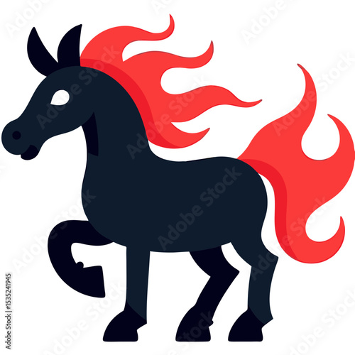 Fiery Black Horse Silhouette with Flamboyant Mane and Tail.