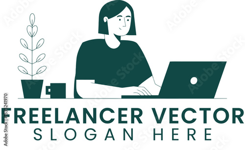 Woman Freelancer Working on Laptop Minimalist Vector job home dark teal desk    