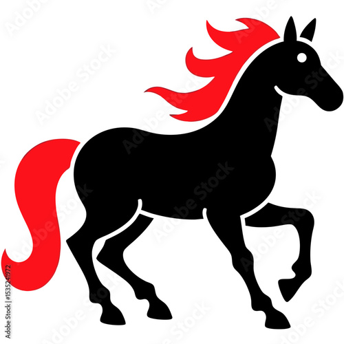 Stylized Black Horse with Red Mane and Tail in Motion.