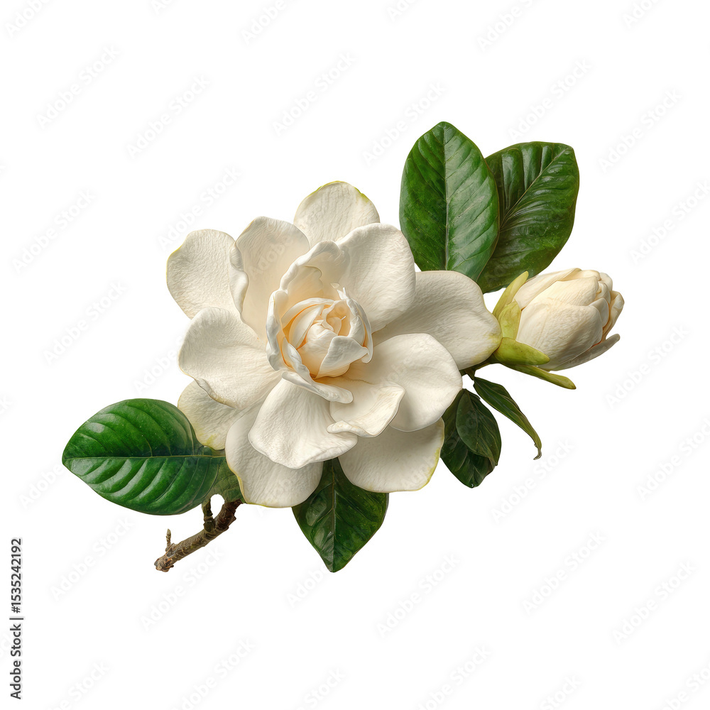 Naklejka premium Elegant White Gardenia Bloom with Bud and Leaves on Transparent Background