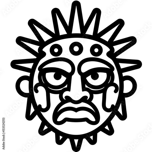 Stylized Sun God Face with Spikes and Circles Outline.