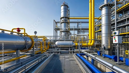 Modern industrial refinery facility with metal pipes and yellow safety structures under bright blue sky