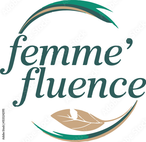 Femme Fluence Logo Dark Green Tan Leaf Circle text
