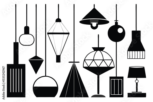 Collection of modern minimalist black and white lamps and lighting fixtures illustration