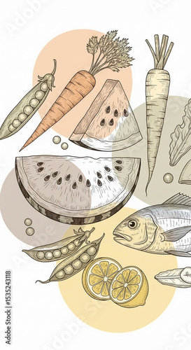 Hand-drawn illustration of various fresh produce: watermelon, peas, carrot, parsnip, lemon, and fish.  Depicts healthy eating and balanced diet concept