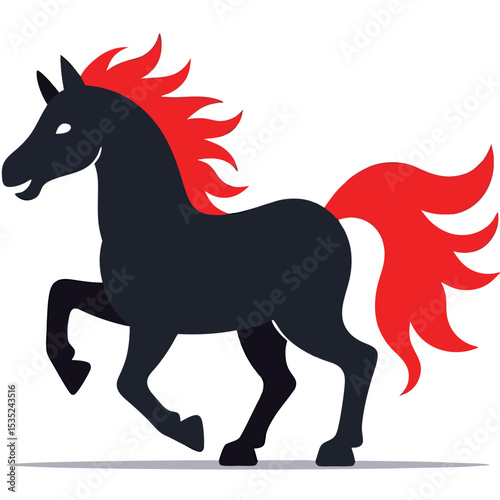 Stylized Black Horse with Red Mane and Tail Running.