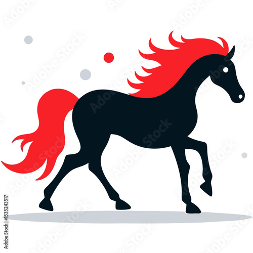 Stylized Black Horse with Red Mane and Tail Running.