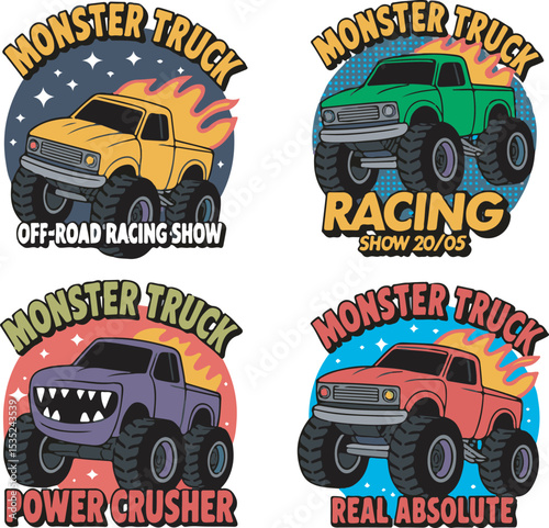 Four Monster Truck Logo Designs Yellow Green Purple Red