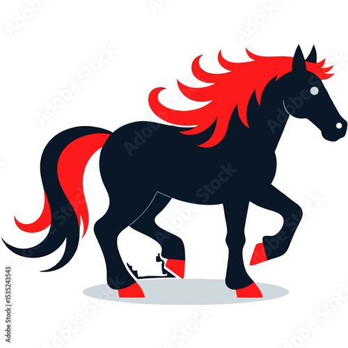 Stylized Black Horse with Red Mane and Hooves in Motion.