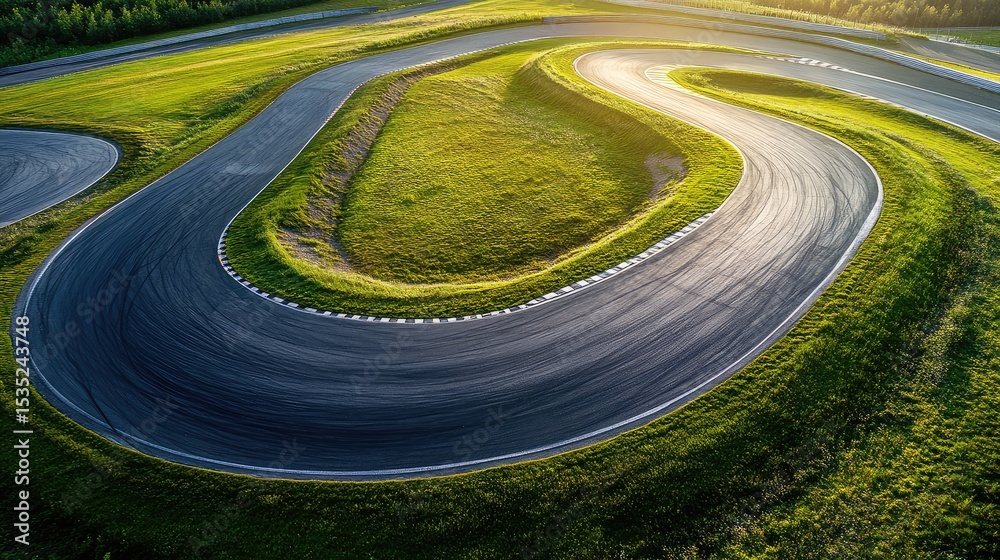 Obraz premium Aerial View of a Winding Racing Track Surrounded by Lush Green Grass in a Bright Sunlit Environment, Capturing the Essence of Motorsport and Speed