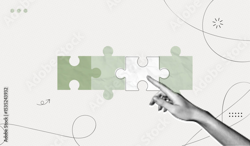 Trendy Halftone Collage Hand connecting puzzles pieces together. Teamwork concept. Business idea and solution. Partnership relationship. New startup. Career development. Vector contemporary art
