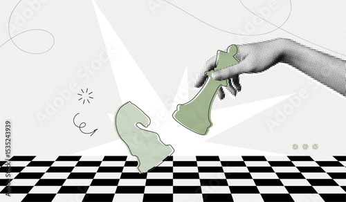 Trendy Halftone Collage Hand holds chess pieces. Abstract chessman. Game strategy. Strategic leader. Challenge your opponent. Check mate. Paper texture. Contemporary vector illustration art