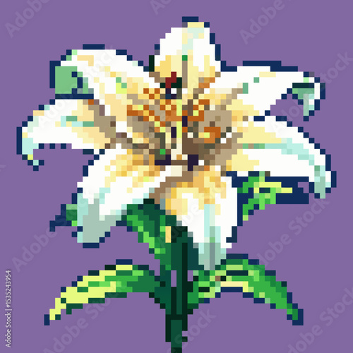 Pixel art of a white lily flower on a purple background