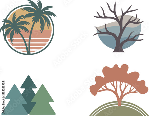 Four stylized tree logo designs sunset palm trees bare tree evergreen trees autumn tree