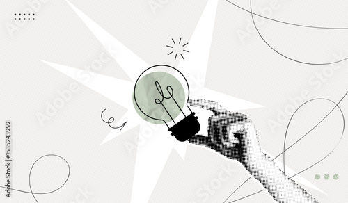 Trendy Halftone Collage Hand holds lightbulb. Creative mind or brainstorm. Create creative idea concept. Business solutions. Think outside the box. Marketing time. Contemporary vector illustration art