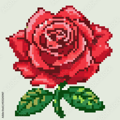 Pixel art of a red rose flower on a pastel background