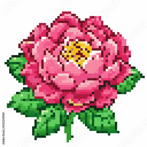 Pixel art of a pink peony flower on a white background