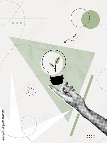 Trendy Halftone Collage Hand holding energy-saving lightbulb with leaf. Green energy and environmentally friendly. Plant inside light bulb. Vertical poster. Contemporary vector illustration art