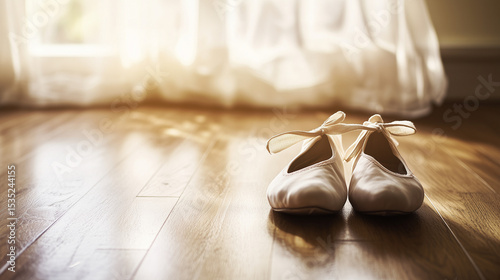 Ballet shoes resting on a wooden floor with soft fabric nearby, evoking grace and quiet preparation
