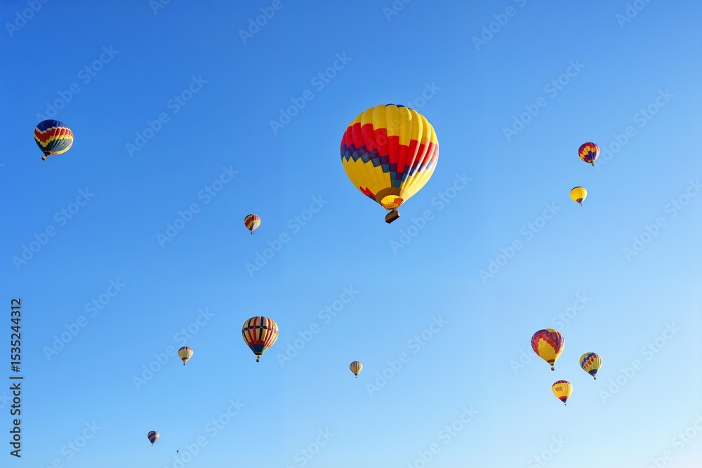 Obraz premium Skyward Spectacle: A fleet of colorful hot air balloons soars gracefully against a bright blue canvas, creating a breathtaking panorama. The scene conveys adventure and wonder. 
