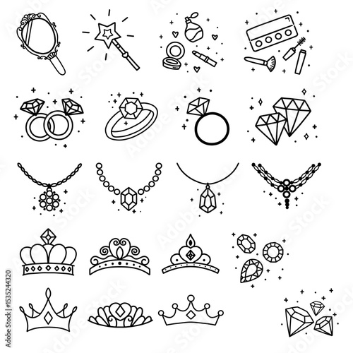 Jewelry Line Art Icons Set - Diamond Ring Crown Necklace Vector Outline Collection. Vector design elements.