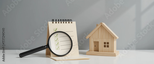 real estate inspection: miniature house with checklist and magnifying glass