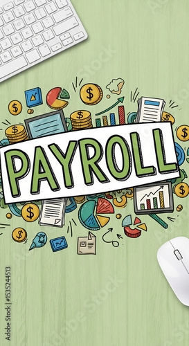 Green pastel background with keyboard and mouse, illustrating payroll concept via colorful hand-drawn charts, coins, and documents, ideal for business and finance
