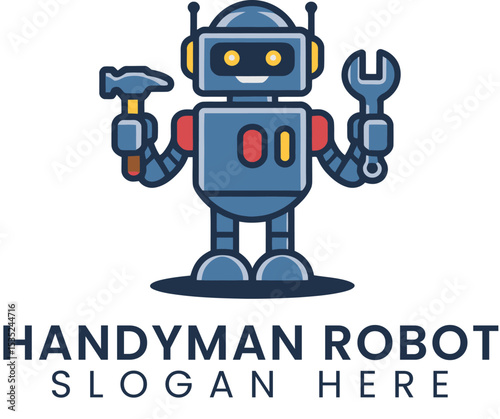 Handyman Robot Cartoon Illustration Design Vector red fun job cute blue logo    