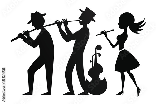 Silhouette musicians playing musical instruments in a jazz band performance with a stylized design