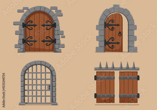 Collection of Medieval-Style Wooden and Metal Doors and Gates.