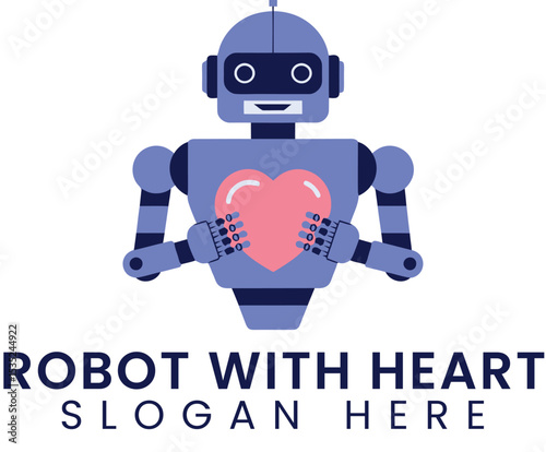 Friendly Robot Holding Pink Heart AI Love Logo care kind blue icon cute happy   