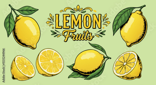 Vibrant Lemon Fruits Illustration with Whole and Sliced Lemons.