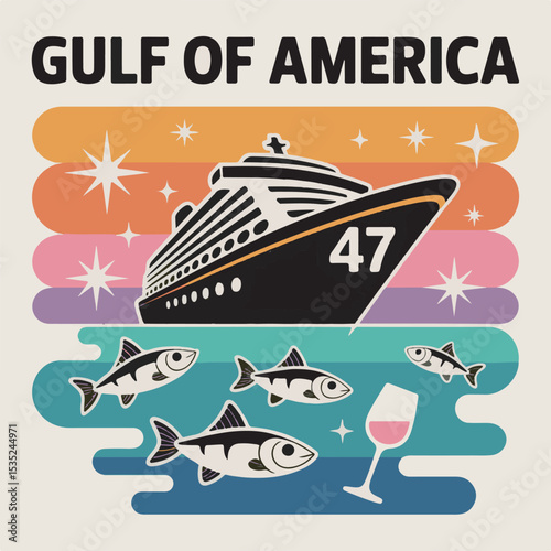 Gulf of America Cruise Ship Retro Illustration Fish Wine