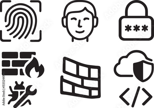 Cybersecurity & Access Control Icons Vector Set – Biometric, Cloud & Secure Code