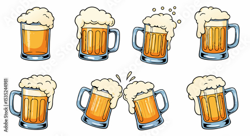 Cartoon illustration of beer mugs with foam some clinking together.