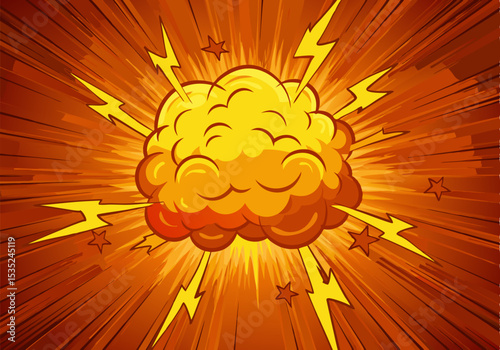 Cartoon Explosion with Lightning and Stars on a Radial Background.