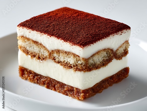 Delicious single serving of Tiramisu with Ladyfingers and Cocoa Powder on White Dish photo