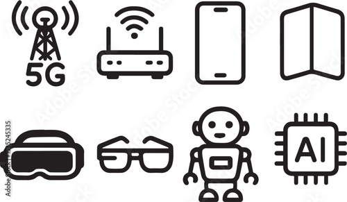 Next-Gen Technology Icons Vector Set – 5G, Mobile, AI & Mixed Reality Devices
