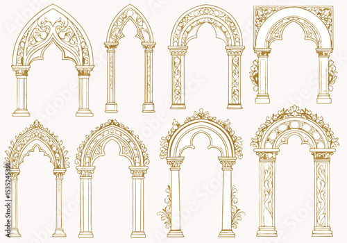 Ornate Gothic Arches with Floral and Geometric Details in Gold.