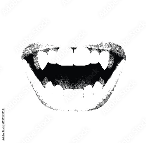 A halftone-style illustration of a collage element with vintage stipple photocopy effect, vampire mouth , tattoo in 90s aesthetic, with retro grainy texture. 
