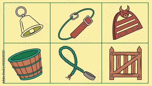 Rustic Farm Icons: Bell Collar Gate Bucket Rope Fence.