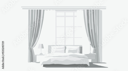  Bright and minimalist bedroom with natural light. Healthy lifestyle and peaceful sleep.